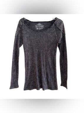 Y2K Witness Gray Dark Mineral Wash Top Studded Shoulders Grunge Goth M